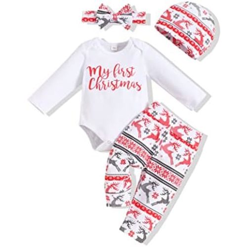 My First Christmas Outfits Newborn Baby Girl Clothes Ruffle Sleeve Tops+Santa Pants with Headband Clothing Set