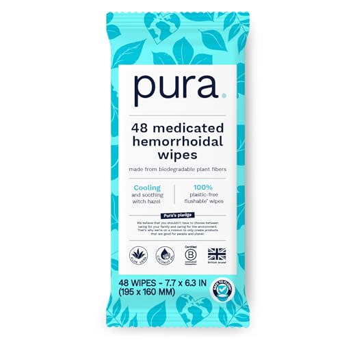 Pura Flushable XL Hemorrhoid Wipes, 1 x 48 Wipes, Medicated Wipes with 50% Cooling Witch Hazel, Soothing Coconut Oil & Aloe Vera, Fast Acting Relief, 100% Plastic Free, Fragrance Free