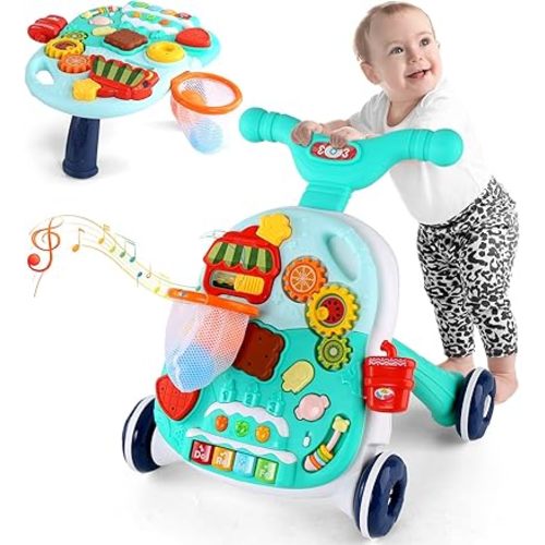 Eners Sit to Stand Learning Walker for Baby Boys and Girls, 2 in 1 Push Walker and Activity Center With Wheels, Musical Walking Toys