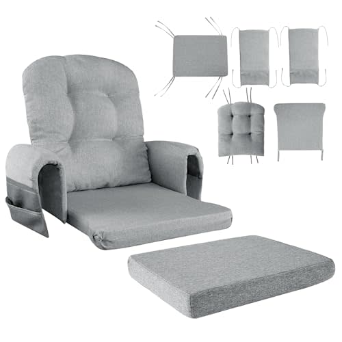 HOMBYS 5 PCS Glider Rocker Replacement Cushions with Storage Side Pocket,Linen-Like Fabric, Foam & Microfiber Filling, Non-Slip & Washable,Thickened & Supportive for Glider Rocking Chair, Grey