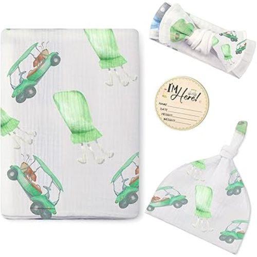 Preboun Baby Golf Swaddle Blanket and Headband Set Muslin Cotton Gender Newborn and Baby Nursery Essentials for Boys