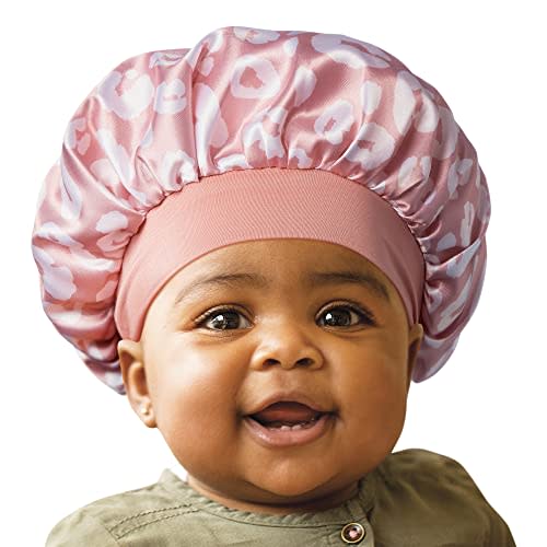 Red by Kiss Baby Satin Bonnet Sleep Cap for Infants,Soft, Stretchy, and Safe, Protects Baby Hair from Frizz & Breakage, Friction Bald Spots (Pink Leopard, 6-18M)