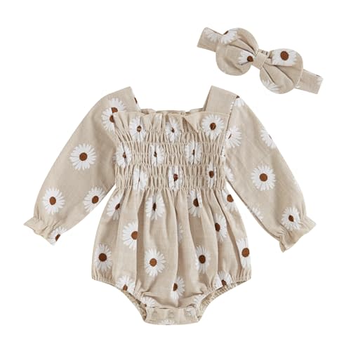 Ursobutegl Newborn Baby Girls Daisy Romper Long Sleeve Pleated Smocked Bubble Ruched Jumpsuit Bodysuit Fall Winter Clothes