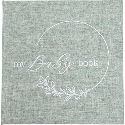 Kate & Milo Linen Baby Book, First 5 Years Memory Book, Newborn Milestone Journal, Baby Boy and Baby Girl Keepsake, Sage Green