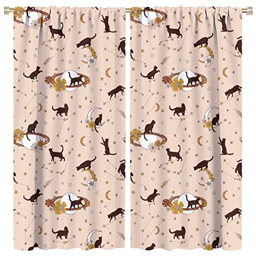 Moon Blackout Curtains Cute Cartoon Black Cat Baby Girls Style Children Bedroom Nursery Decor Rod Pocket Window Drapes 2 Panels Set 42x45in