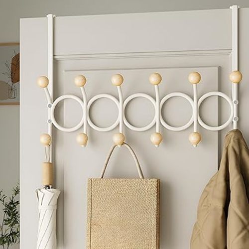 Over the Door Hooks, Door Hanger hook, Over the Door Towel Rack for Bathroom, Sturdy Metal Door hooks with 12 Wooden Ball Hooks for Hanging Clothes, Hats, keys, Purse, Towels (Rings-White/Natural)