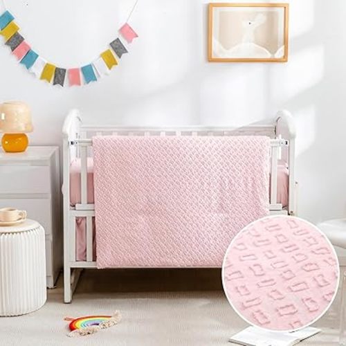 Cokouchyi 3 Piece Crib Bedding Set for Boy Girls, Jacquard Tufted Geometric Crib Set, Includes Crib Skirt, Blanket and Crib Sheet, Crib Baby Bedding, Pink