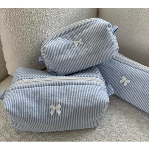 Blue Seersucker Makeup Pouch - Makeup Bag - Cosmetic Bag - Blue Makeup Bag - Travel Bag - Hair Tools Pouch