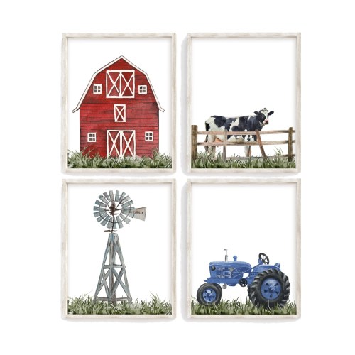Barnyard Rustic Farm Nursery Decor Set of 4 Unframed Farmhouse Prints Watercolor Barn Holstein Cow Blue Tractor Windmill