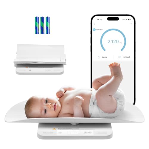 VEVOR Baby Scale, Smart Bluetooth Infant Weight Scale, 2-in-1 Digital Baby Scale for Weighing with Detachable Tray, Hold & Tare Function, 5 Units for Toddler, Pet, 66LBS Capacity (3 x Battery Include)