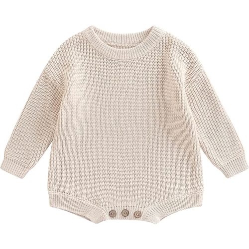 woshilaocai Baby Boy Girl Sweater Oversized Long Sleeve Romper Warm Crewneck Onesie CuteToddler Knitted Winter Clothes - Cream
