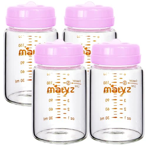 Matyz 4-Pack Breast Milk Collection Bottles (Pink, 6 Oz Each) - No BPA Glass Milk Storage Bottles with Lids - Suitable for Philips Avent & Medela Spectra Pumps