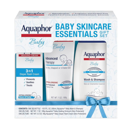 Aquaphor Baby Skin Care Essentials Gift Set with Baby Wash and Shampoo (16.9 Fl Oz) + Healing Ointment for Chapped Skin and Drool Rash (7Oz) + Diaper Rash Cream (3.5Oz), Hypoallergenic