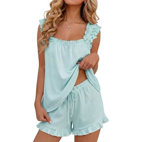 OUGES 100% Cotton Pajamas for Women 2 Piece Ruffle Tank Top and Shorts Cute Bridal Pjs Soft Sleepwear Lounge Set with Pockets