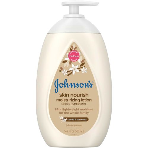 Johnson's Skin Nourish Moisturizing Baby Lotion for Dry Skin with Vanilla & Oat Scents, Gentle & Lightweight Body Lotion for the Whole Family, Hypoallergenic, Dye-Free, 16.9 fl. oz