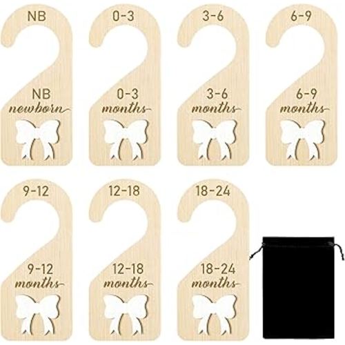 R HORSE Wooden Baby Closet Dividers - 3D Coquette White Bow Baby Closet Organizer, 8Pcs Double-Sided Newborn Clothes Size Hanger Dividers, Nursery Decor Birthday Gift for Boy Girl (0-24 Months)