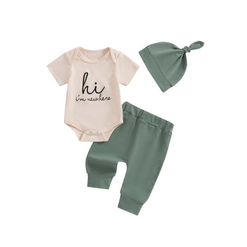 Hirigin Newborn Baby Boy Girl Clothes Outfits Hi I'm New Here Letter Embroidered Short Sleeve Romper and Pants Hat 3Pcs Coming Home Outfit