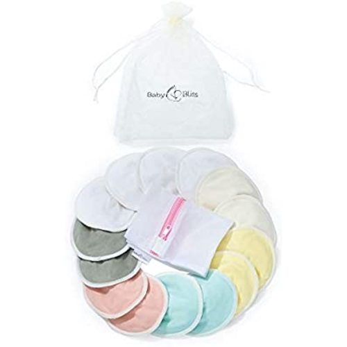 BabyBliss Organic Bamboo Nursing Breast Pads - 14 Washable Pads with Storage & Wash Bags - Reusable Breastfeeding Nipplecovers - Leak-Proof Nipple Pads for Maternity (M, 3.9") - Medium