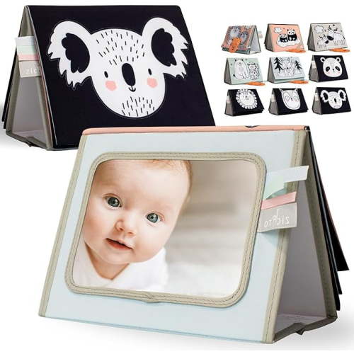 Soft Tummy Time Book w/ Large Stimulating Baby Safe Mirror - Fun High Contrast Montessori Toy w/ Mirror, Crinkle Filling & Silicone Teether - The Perfect Toy For Safe Early Newborn/Infant Development