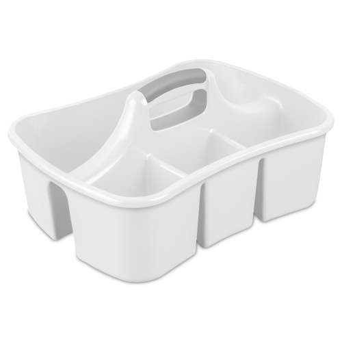 Sterilite Divided Ultra™ Caddy, Large Carry Handle, Plastic, White For Small Items Storage & Cleaning