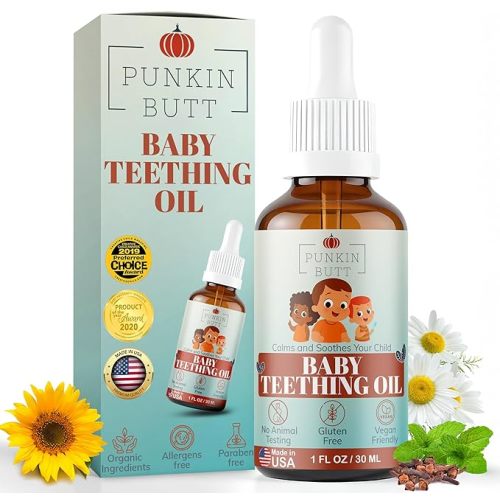 Punkin Butt - Natural Herbal Teething Oil for Babies - Daily Use Soothing Relief Drops | Baby, Infant, Toddler Gum & Tooth Relief | Organic Chamomile, Clove & Peppermint Infusion - 1oz with Dropper