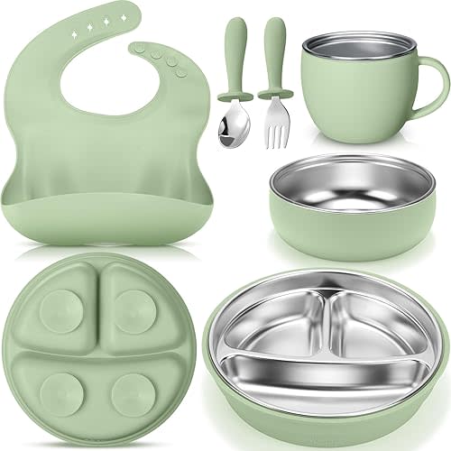 Nuogo 6 Pcs 304 Stainless Steel Kids Plates and Bowls Set Stainless Steel Suction Bowls and Toddler Cup with Removable Silicone, Forks Spoons Pocket Bib for Baby Toddle(Green,Round)