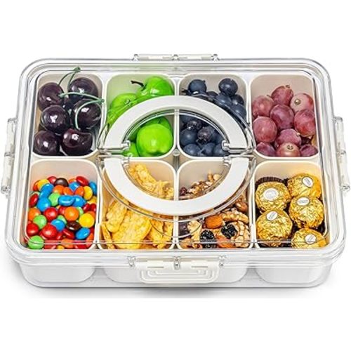 Pure Future Air-Tight Snackle Box Container –Divided Serving Tray with Lid & Handle–Clear Snack box for Fruits, Candy & Nuts–Portable for Travel & Daily Use (8 Inside Containers Dishwasher Safe)