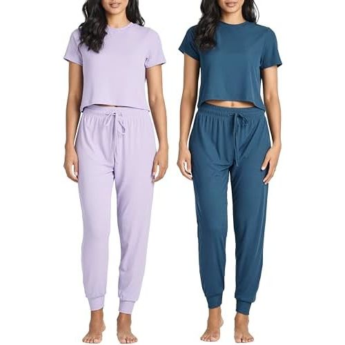 Real Essentials 2 Pack: Women's Ribbed Knit Cropped Short Sleeve Top with Jogger Sweatpants Lounge Set Sleep