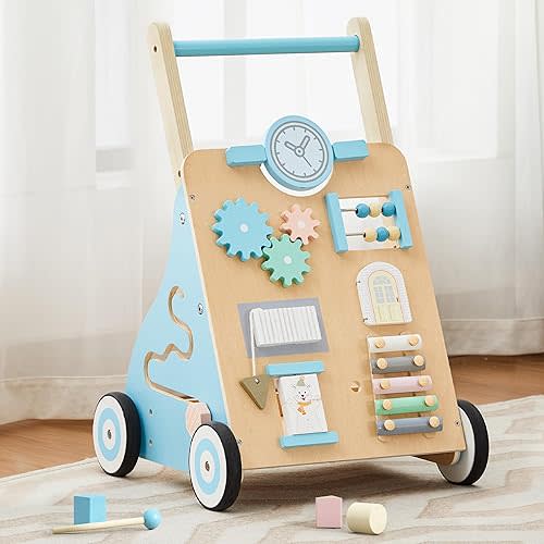 Tltaroni Baby Walker with Activity Center, Wooden Walker Toddler Push Walker Adjustable Height and Speed Montessori Walker Toy for Boys Girls Ages 9+ Months, Blue