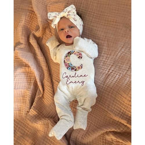 Personalized baby romper and bow set, custom baby girl coming home outfit, embroidery baby shower gift, monogrammed sleeper footies