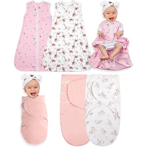 Ramede 4 Pack 0-3 Months Baby Swaddle Blanket Newborn Sacks Soft Cotton Sleep Swaddle Wearable for Baby Boy Girl Sleeping(Bear,Pink)