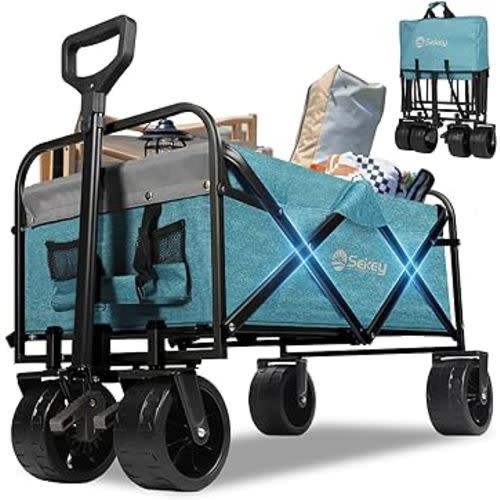 Sekey Heavy Duty Foldable Wagon with 330lbs Weight Capacity, Collapsible Folding Utility Garden Cart with Big All-Terrain Beach Wheels & Drink Holders.Light Blue