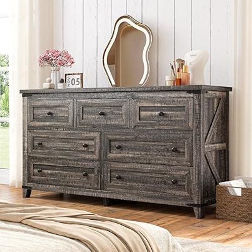 EnHomee Dresser for Bedroom with 7 Drawers Wood Dresser with Smooth Metal Rail, TV Stand for Bedroom, Hallway, Closet, Dark Rustic Oak, 15" D x 51.2" W x 31.5" H