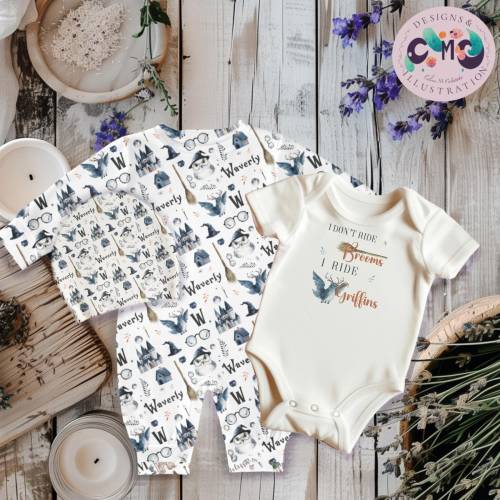 Custom Personalized Baby Wizard Theme - Long and Short Sleeved Body Suit Hat Gift Set - Or individual item