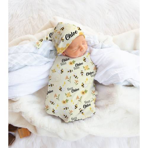 Bumble Bee Personalized Swaddle with Hat , Bee Baby Blanket , Custom Name Baby Blanket , Newborn New Baby Gift , Baby Shower Gift Set Bees