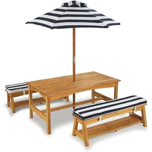 KidKraft Outdoor Wooden Table & Bench Set with Cushions and Umbrella, Kids Backyard Furniture, Navy and White Stripe Fabric