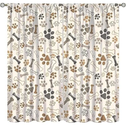 Dog Paw Window Curtain,Animal Footprint Theme Cute Pet Brown Print Cloth Farbic Curtains for Bedroom Cafe Dining Room Office Living Room Kitchen Drapes Decor, 42x45 in