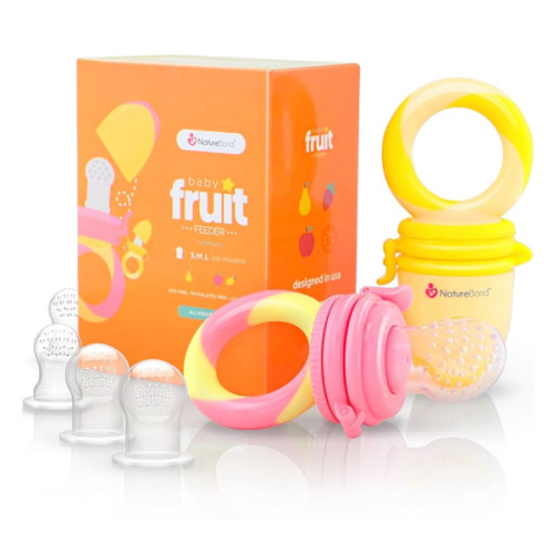 NatureBond Baby Food Feeder/Fruit Feeder Pacifier Nibbler (2 Pack) - Infant Teething Toy Teether Weaning in Appetizing Colors | + Additional Silicone Sacs