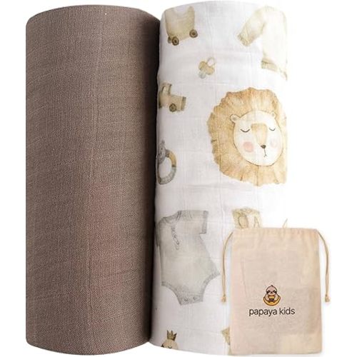 Muslin Swaddle Blankets for Newborns – Safari Animal Print & Toast Brown, Soft Bamboo Viscose & Cotton Muslin Baby Swaddle Set, Gender Neutral Receiving Blanket with Gift Bag, 2-Pack