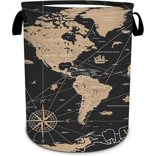 Travel World Map Design Laundry Basket, Vintage Globe Atlas Theme Laundry Hamper Foldable Waterproof Tote Bag Dirty Clothes Storage Bucket Toy Organizer for Bathroom/Laundry/Bedroom 15.7"x19.6"