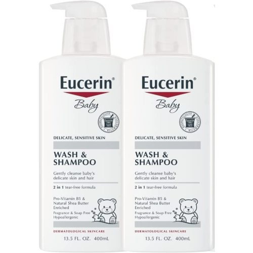 Eucerin Baby Wash & Shampoo - 2 in 1 Tear Free Formula, Hypoallergenic & Fragrance Free, Nourish and Soothe Sensitive Skin - 13.5 Fl Oz (Pack of 2)