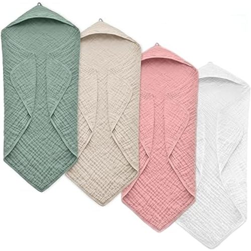 Hooded Baby Towels for Newborn, 4 Pack 35x35 Inch 100% Muslin Cotton Baby Bath Towel, Soft Baby Beach Towels with Hood for Infants, Toddlers and Kids, Essentials Must Haves
