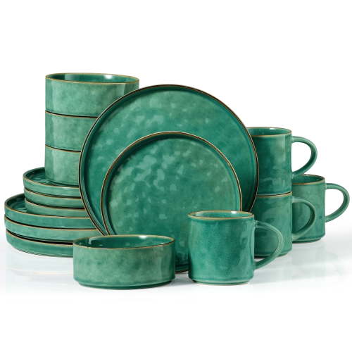 Vesteel 16-Piece Dinnerware Sets, Stoneware Dish and Bowls Set for 4, Handmade Reactive Glaze Coupe Plates Set, Chip & Scratch Resistant - Jade Green