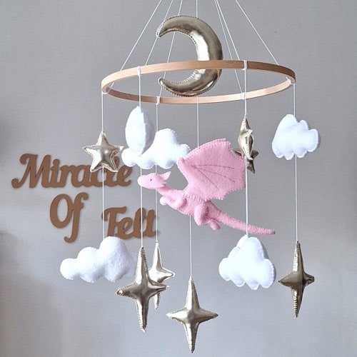 Dragon crib mobile for baby girl Fairy nursery mobile Fantasy baby mobile Felt dragon and stars Baby shower gift Hanging moon cot mobile