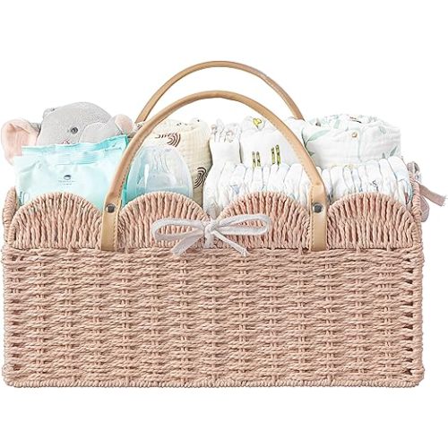 HBlife Baby Diaper Caddy, Paper Rope Storage Baskets Nursery Bin with Removable Divider, Portable Car Organizer for Diapers, Baby Shower Gifts, Newborn Essentials Must Haves