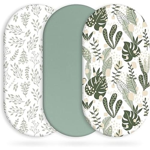 Yoofoss Bassinet Sheets Baby Girl Boy, Fitted Bassinet Sheet Set 3 Pack Universal Fit for Cradle Moses Basket Oval Rectangle Round Hourglass Mattress,Soft Breathable (Green+Leaf)