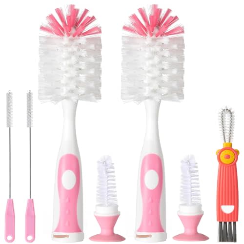 5 in 1 Baby Bottle Cleaner, Baby Bottle Brush Set, 2Pcs Bottle Brush with Stand, 2 Hidden Nipple Brush, 2 Straw Brush, 1 Lid Brush, Nylon Bottles Brush Cleaner for Baby Bottle, BPA-Free(Pink)
