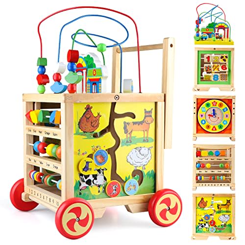 Wooden Activity Cube 6 in 1 Montessori Educational Learning Sensory Toys for 1 Year Old 12-18 Months Boys Girls First Birthday Gifts for Baby Toddler Toys Age 1-2 Bead Maze Shape Sorter Abacus