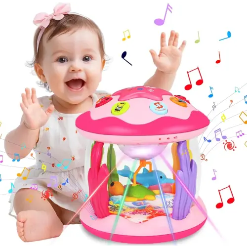 Hapyland Baby Toys 6-12 Months Girl Gifts: Babies Ocean Rotating Light Up Musical Toys for Toddlers 1 2 Year Old Crawling Learning Infant Toy 6 7 8 9 10 11 12 Months Old Baby Girl Gift (Pink)