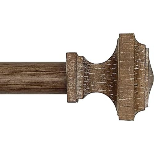 Wood Curtain Rods for Windows 32 to 116 Inch, 1 Inch Diameter Wood Decorative Treatment Single Window Curtain Rods - Square Imitation Wood Grain Finial 1 Pack